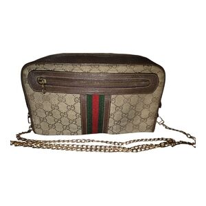 Gucci Beige GG Canvas Cosmetic Bag with Brown Trim and Green/Red Web